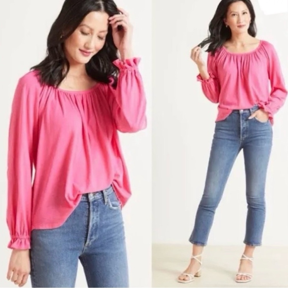 SUNDRY Women’s Vibrant Pink GATHERED Raglan Sleeve Top Pima Cotton Ruffle Sz XS